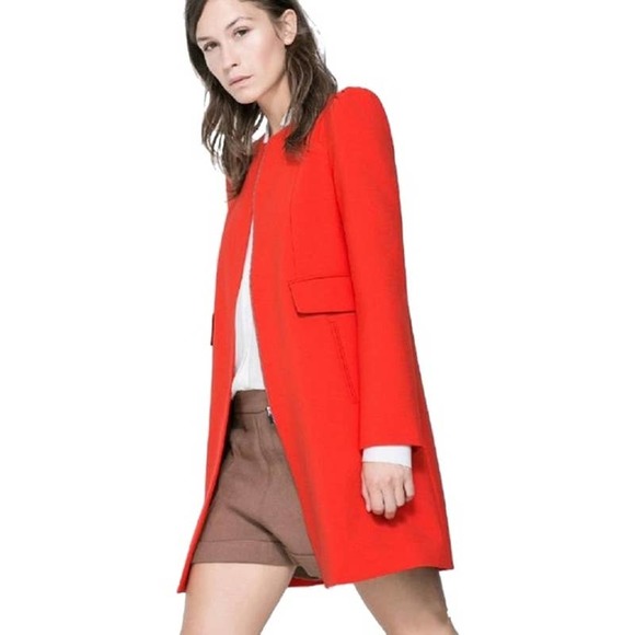 Zara Jackets & Blazers - ZARA Red Rafia Coat Concealed Button Front Puff Sleeve Zipper Pockets S #1859